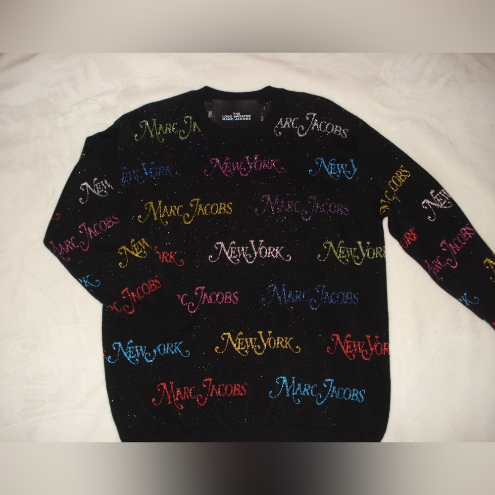 Marc Jacobs glitter logo crew neck merino wool sweater